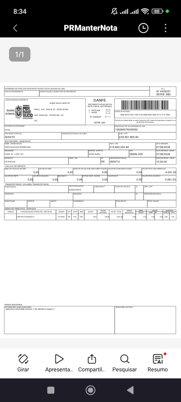Como emitir nota fical de venda de esterco no CPF em Pernambuco?