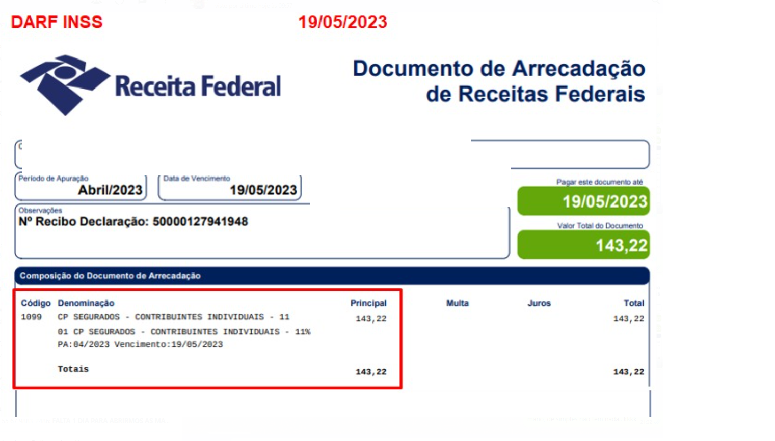 c) DARF AVULSO CP SEGURADOS - CONTRIBUINTE INDIVIDUAL 11-  CODÍGO 1099.png